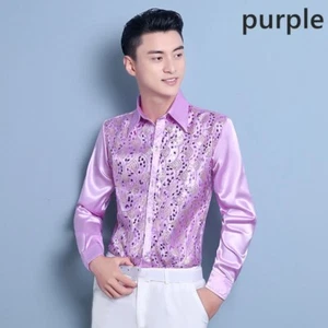 Men Formal Sequin Top Shirt Faux Silk Satin Button Performance Party Costume Top - Picture 1 of 20