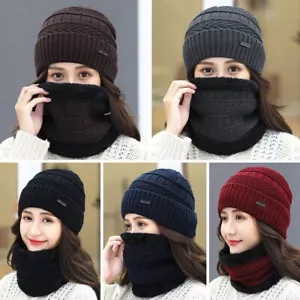 Women Thermal Fleece Soft Beanie Hat Scarf Knitted Hat Balaclava Neck Scarf Cap - Picture 1 of 17