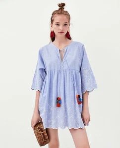 NWT Zara Sky Blue Striped Embroidered Playsuit Jumpsuit With Pom Poms Tassels S - Picture 1 of 2