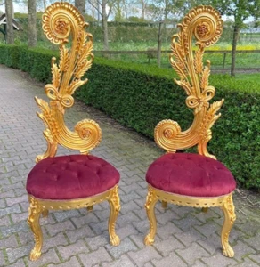 Chairs Gilded Italian Rococo Ribbon Beech Burgundy Velvet Antique Pair - Picture 1 of 15