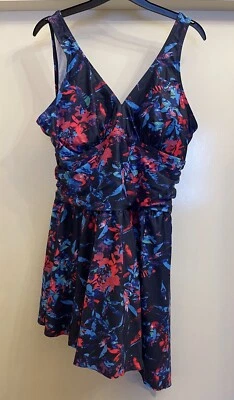 Women’s One Piece V Neck Swimdress Side Split Skirt Red/blue Floral Print - Image 1 of 3