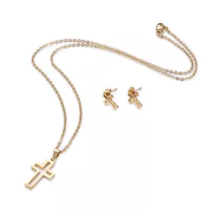 Stainless Steel Set Earring Pendant Necklace Cross Gold 18" P794 - Picture 1 of 5