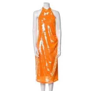 Caroline Constas Orange Sequin Embellished Halter Open Back Midi Dress M = 8/10 - Picture 1 of 8