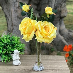 Artificial Silk Large Open Rose Flower Arrangement in Glass Vase with Faux Water - Picture 1 of 13