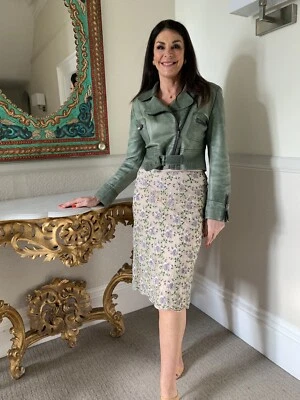 Falda ELSPETH GIBSON UK 14 Desnudo y Verde Lentejuelas Malla y Cuentas Hasta la Rodilla Foto 1 de 4