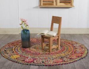 Round Rug Jute & Cotton Mix Braided Reversible Carpet Farmhouse Look Area Rug 