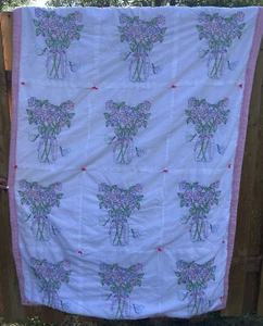 Cottage Pink & White Embroidered Flowers Butterfly Handmade Blanket Comfort EUC - Picture 1 of 5