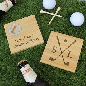 Personalised Golf Coaster Wood 2 in 1 Drinks Coaster Bottle Opener Golfer Gift - Picture 1 of 16
