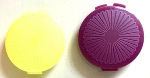 Tupperware Mini Clamshell Pill Keepers Round Pocket Containers Yellow & Maroon - Picture 1 of 2
