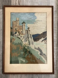 VTG Framed Needlepoint of a Castle on a Hill Cliff Rocks Sky Cottage Core Muted - Picture 1 of 3