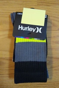Hurley Boys Crew Socks Size 3Y-5Y 7-9 Black Green Gray 2 Pack Pairs NEW NIP - Picture 1 of 5