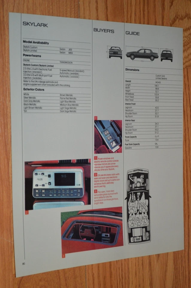 Buick Skylark 1986 hoja de especificaciones del distribuidor original guía del comprador información del anuncio 86 Foto 1 de 1