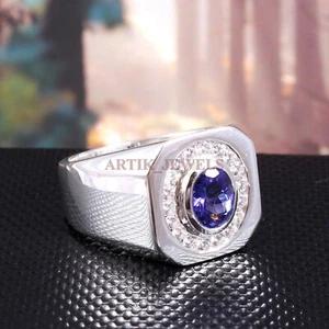 Tanzanite Naturale Pietra preziosa con 14K Bianco Argento Placcato Oro Anello - Foto 1 di 16