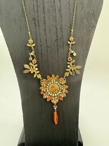 Michal Negrin Necklace Large Cameo Roses W/Swarovski Crystals Statement Orange - Picture 1 of 10