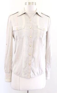 Tory Burch Neutral Logo Striped Silk Button Front Shirt Blouse Size 0 Beige - Picture 1 of 6