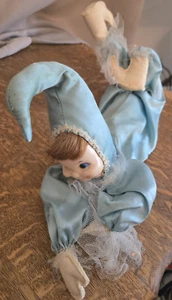 Vintage Baby Blue Pixie Jester Satin Bendable Boudoir Doll 16" Long - Picture 1 of 6