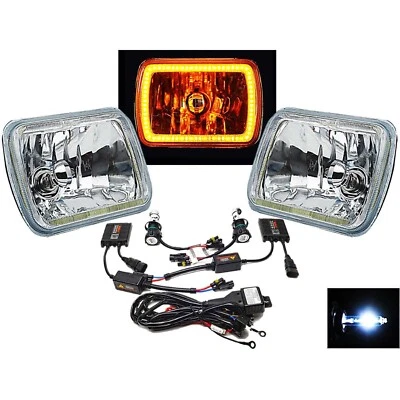 7X6" Amber SMD LED Halo Headlight 6K 6000K HID H4 Light Bulb Glass Headlamp Pair - Image 1 of 4