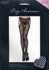 Pantyhose Cheeky Fishnet Suspender Reg or Plus Size Queen Black Leg Avenue 1402 - Picture 1 of 6