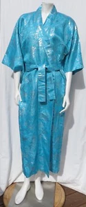 Authentischer Kimono Made in Japan blau silber Jacquard Pagode Vögel Bäume Größe M gebraucht, in einwandfreiem Zustand - Bild 1 von 5