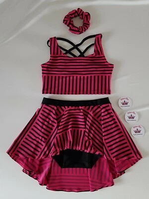 (#450) Age 7/9 Dance Strappy Back Cropped Top/Skirted Briefs Cerise/Black Stripe - Image 1 of 4