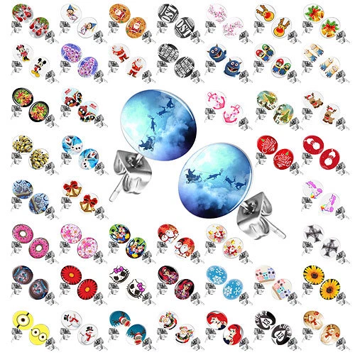 1 Paar Ohrstecker witzige Comic Logo Ohrringe mit Bild Motiv rund Edelstahl - Bild 1 von 1