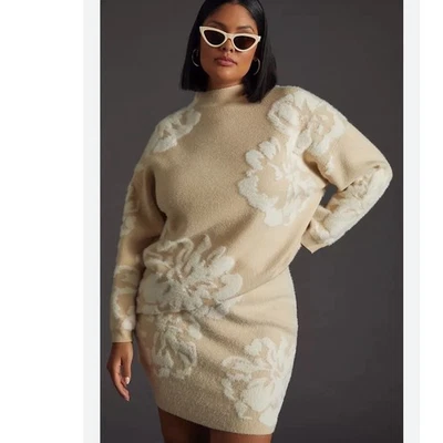 NEW By Anthropologie Sweater Skirt Set Oversized Neutral Floral Motif Medium - Image 1 of 4