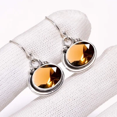 Smoky Quartz Gemstone Solid 925 Sterling Silver Drop Dangle Amazing Earring V62 - Image 1 of 4