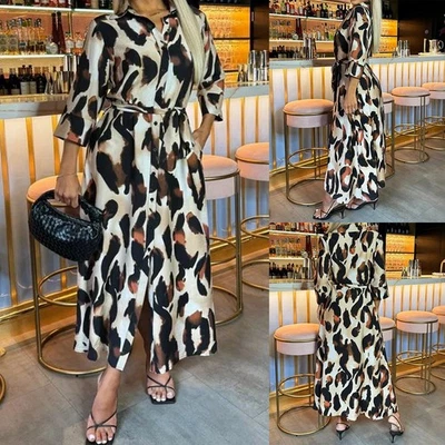 Übergröße Damen Leopard Hemdkleid Maxikleid 3/4 Ärmel Shirtkleid Freizeitkleid - Bild 1 von 4