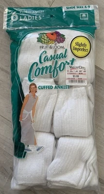 6 Pairs Fruit Of The Loom Cuffed Anklet Womens Socks 2000 NOS Shoe Size 4-9 NEW - Image 1 of 4