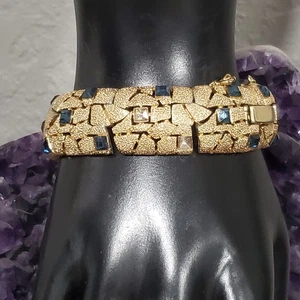 Vintage Trifari Strass Armband blau & klares Glas breit goldfarben 7 1/4" - Bild 1 von 15