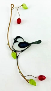 Chickadee Art Glass Bird Window Hanging Suncatcher Leaves Berries - Picture 1 of 7