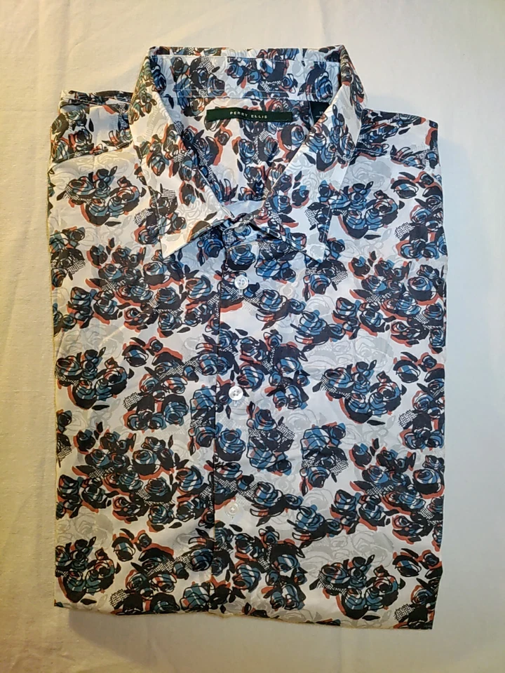 Camisa masculina manga curta Perry Ellis cinza azul vermelha estampa floral 3XL VINTAGE NOVA SEM ETIQUETAS RARA - Imagem 1 de 4