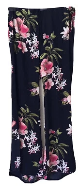 NEW YORK & CO Pantalones Pierna Ancha Lado Dividido XL Resort Azul Marino Rosa Floral Nuevo con Etiquetas Corbata Cintura Foto 1 de 4