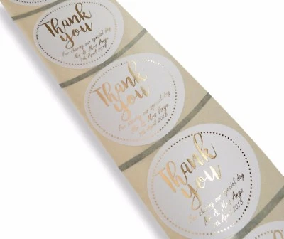 45MM WHITE ROUND PERSONALISED GOLD FOIL THANK YOU WEDDING LABELS STICKERS #022 - image 1 of 3
