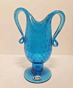 VTG Bischoff Art Glass Blue Vase w/Handles 8 3/4" Tall Controlled Bubbles - Picture 1 of 10