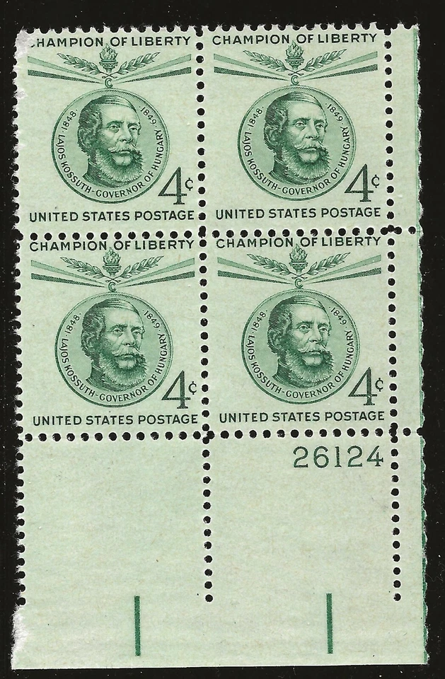 US Scott #1117, Plate Block #26124 1958 Lajos Kossuth 4c FVF MNH Lower Right - Image 1 of 1