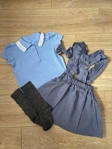 Handmade Girls School Outfit Skirt Polo Top Socks Hair Bow Grey Blue Age 4-5 New - Picture 1 of 4