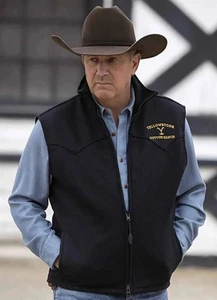 Men's Yellowstone Vest Kevin Costner John Dutton Black Cotton Embroidered Vest - Picture 1 of 4