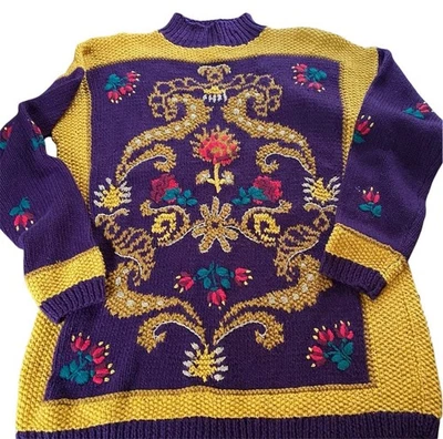 Vintage 90s Chunky Knit Colorful Sweater Purple Gold Embroidered Flowers  - Image 1 of 4