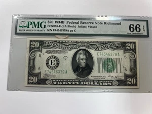 1934 PMG EPQ 66 $20 Bill Richmond FR #2056 Choice UNC Note Julian & Morgenthau - Picture 1 of 2