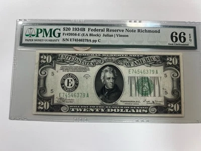 1934 PMG EPQ 66 $20 Bill Richmond FR #2056 Choice UNC Note Julian & Morgenthau - Image 1 of 2