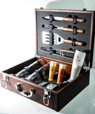 Paulaner Weissbier Grillkoffer Barbeque Besteck 12 teiliger Echtholzkoffer