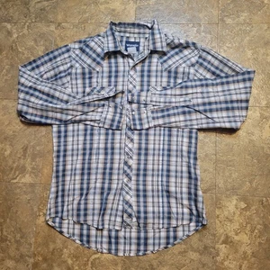 Wrangler Western Pearl Snap Shirt Mens Large L Beige Blue Plaid LS Cowboy  - Picture 1 of 8