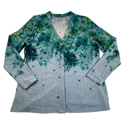 Simonton Says Cardigan Womens Large Blue Green Floral Print V-neck Office Casual - Image 1 of 4