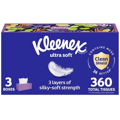 Kleenex Pañuelos Faciales Ultra Suaves, 3 Cajas Planas, 120 Pañuelos por Caja, 3 Capas (360 Foto 1 de 4