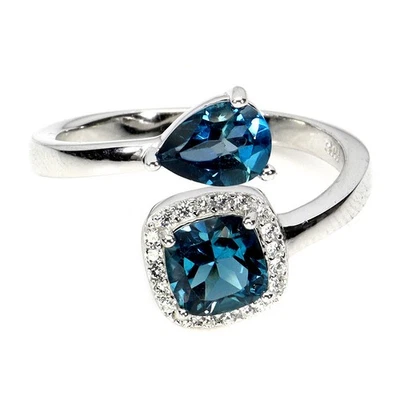 925 Sterling Silver Cushion Topaz Ring, London Blue, 6mm Gemstone, Jewelry... - Image 1 of 4