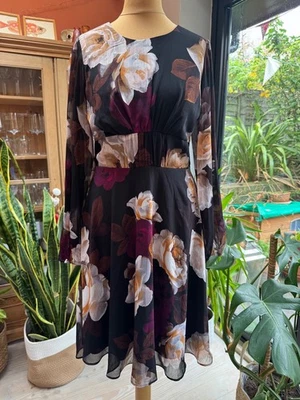 NEW! Exquisite CALVIN KLEIN Black Brown & Ivory Chiffon Floral L/S DRESS, UK 8 - Image 1 of 4