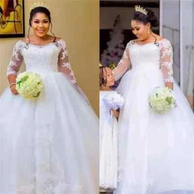 Plus Size Ball Wedding Dresses Bateau Neck Lace Applique A-line Bridal Gowns - Image 1 of 4