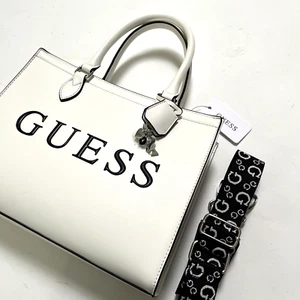 NWT Original GUESS Finnian Medium Satchel Bag White Logo Crossbody Dangle Charm - Picture 1 of 8