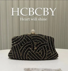Elegant Black Rhinestone Evening Bag Luxury Beaded Clutch Purse Gold Chain - Picture 1 of 7